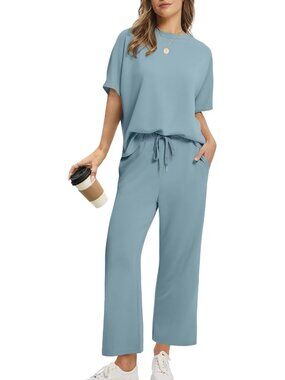 Women's Lake Blue Two Piece Summer Oversized Wide Leg Crop Pants Lounge Set